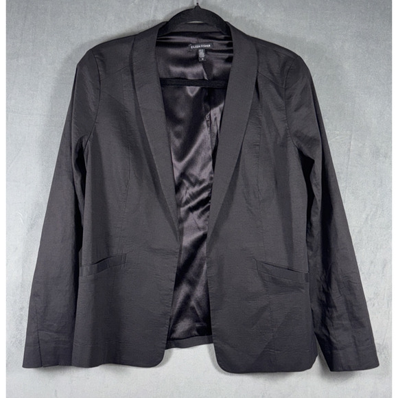 EILEEN FISHER‎ Polished Ramie Stretch Black Long Jacket Blazer Women's Size 10 - Picture 1 of 7